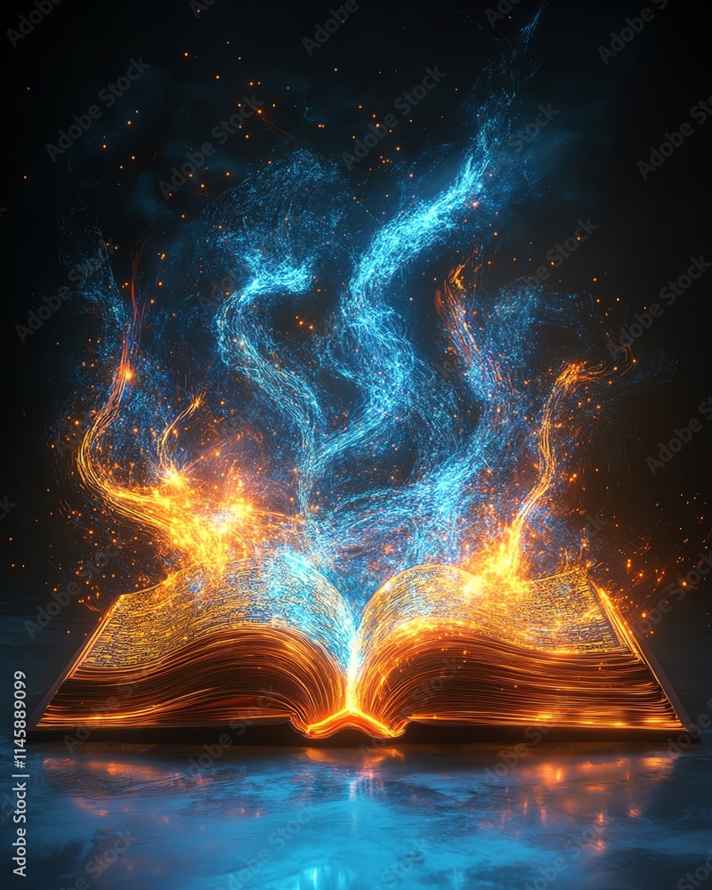 Poster open book with flowing light trails emanating from its pages, representing the rapid spread of knowl