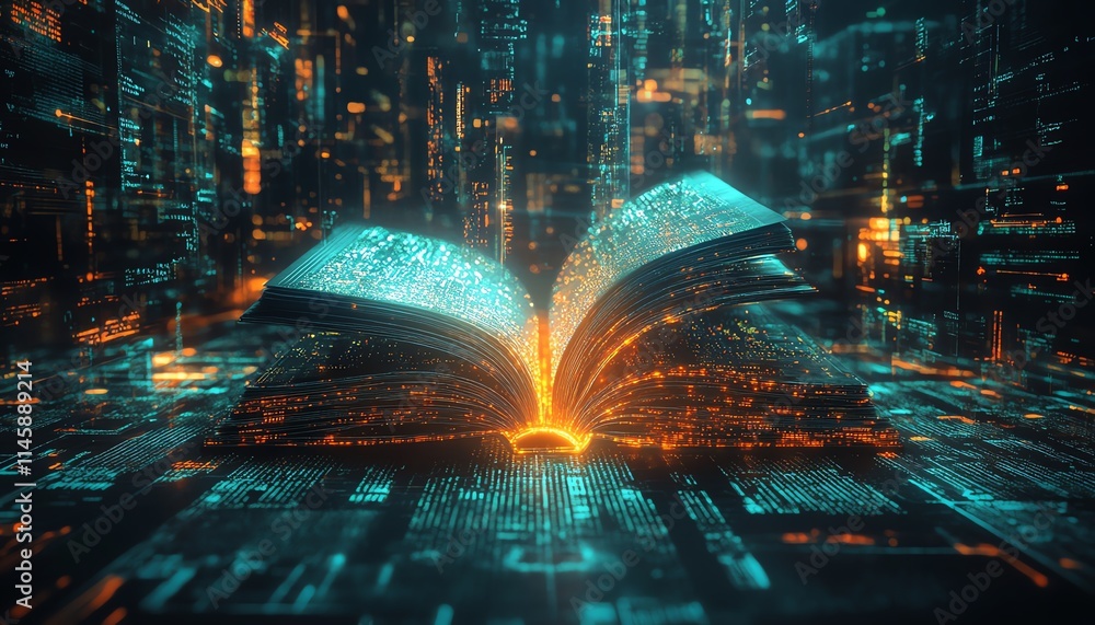 Poster open book with glowing light trails extending outward, representing the fastpaced evolution of knowl