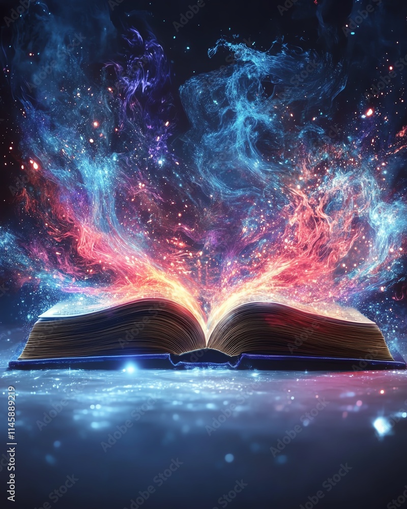 Poster open book with flowing light trails emanating from its pages, representing the rapid spread of knowl