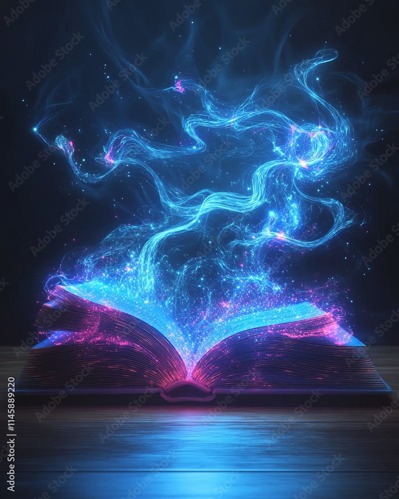 Poster open book with flowing light trails emanating from its pages, representing the rapid spread of knowl