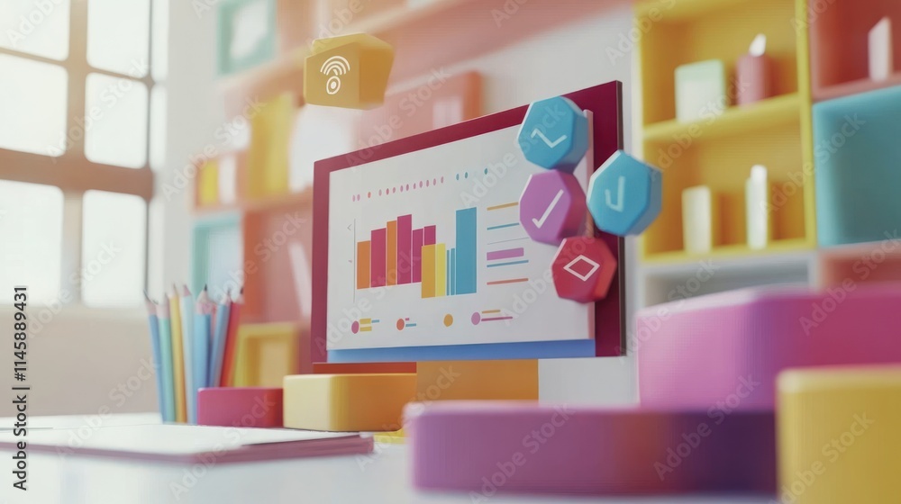 Poster 3D rendered computer displaying data, colorful floating icons.