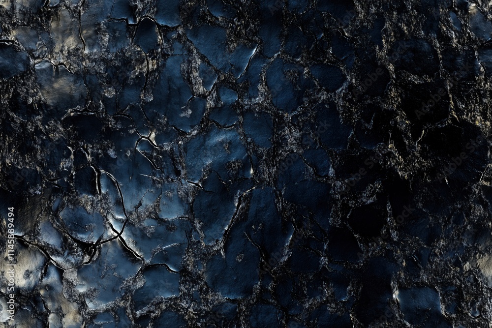 Poster a textured surface with a cracked, dark appearance, resembling blackened earth or asphalt. the surfa