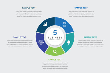Vector infographic label design with circle infographic template design and 5 options or steps. Can be used for process diagram, presentations, workflow layout, banner, flow chart, info graph.