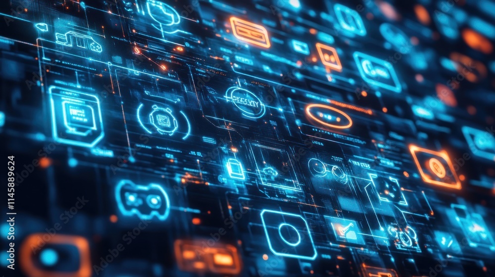 Poster Tech display with interface icons in blue and orange hues.