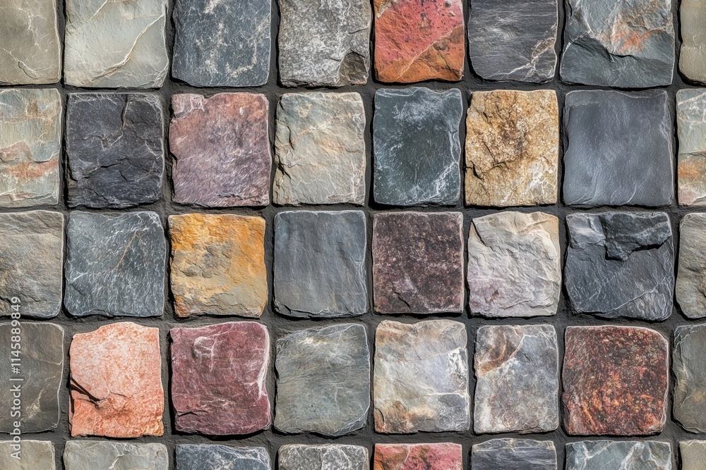 Poster a close-up view of a textured stone wall made of various colored square stones arranged in a grid pa