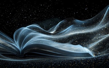 Open book with swirling light trails radiating outward, embodying the speed of knowledge growth, futuristic abstract theme, dynamic lighting, highdetail design