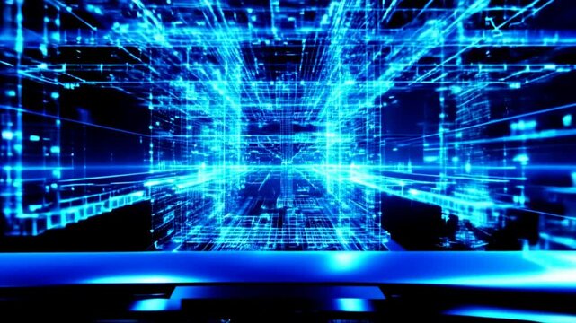 Abstract binary code and digital grid pattern in a futuristic cyberspace setting