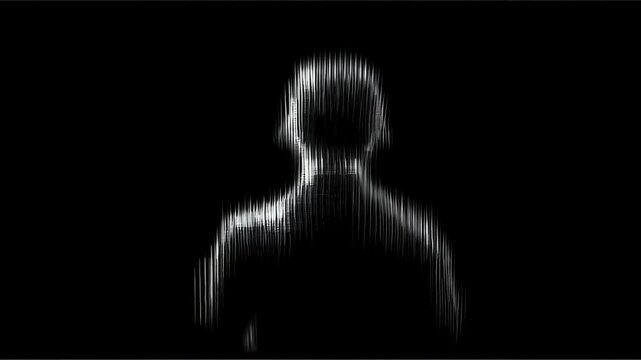 A dark background, a back view of a person who looks like the criminal seen in a low-resolution security video walking away. Contains digital noise.
(can be looped)	
