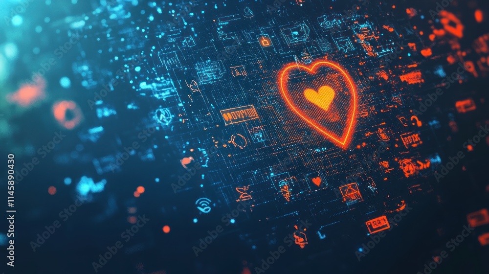 Poster Digital heart icon glows on textured blue background with tech elements.