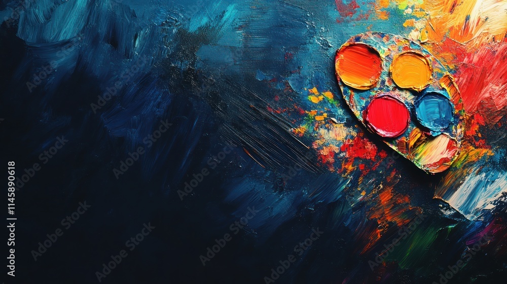 Poster palette with vibrant paint strokes on dark backdrop.