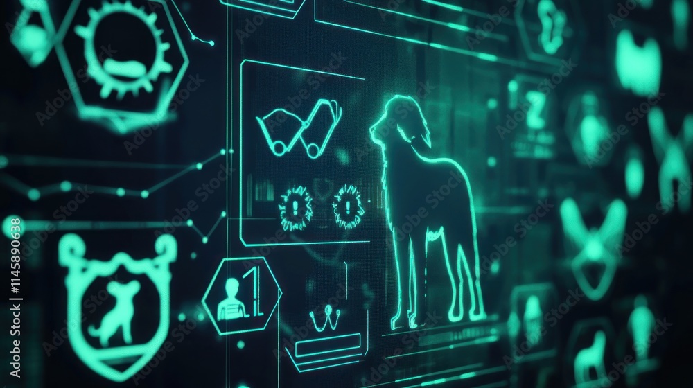 Poster Glowing cyan pet profile with graphs and icons on digital interface.