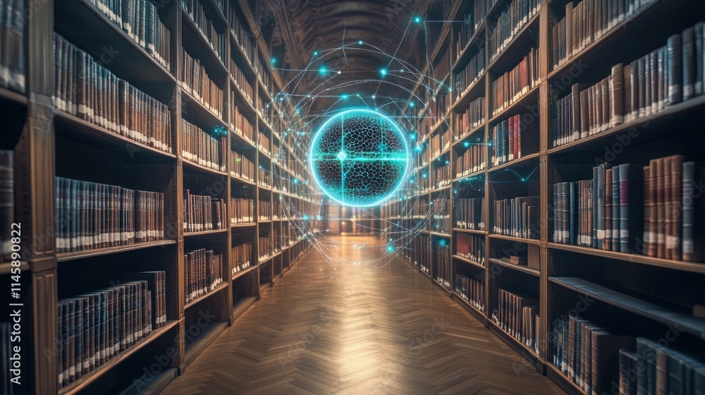 Poster Digital network glows in an old library between rows of books.