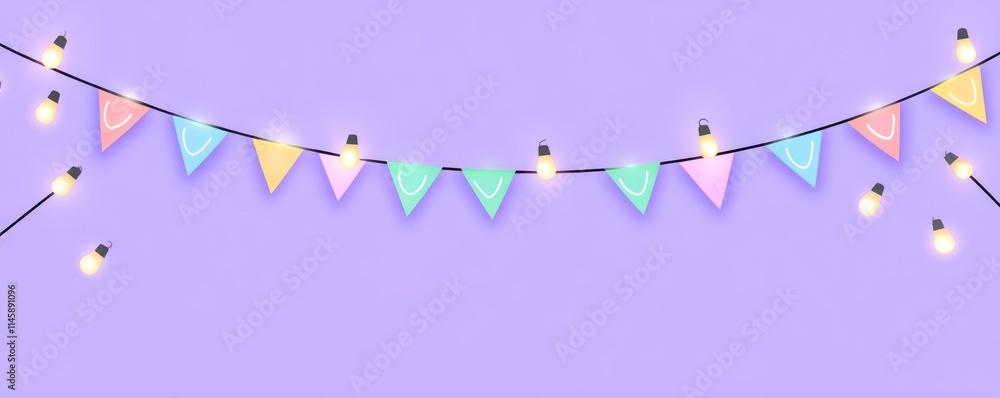 Poster string lights and bunting banners on a purple background.
