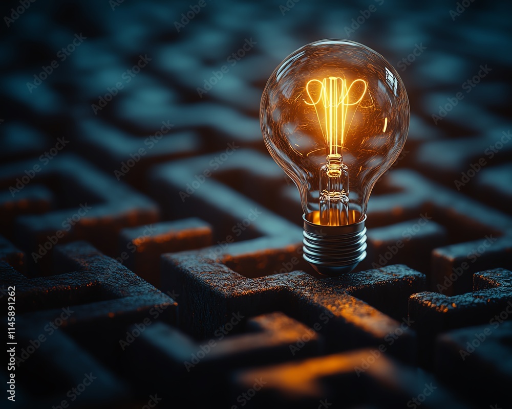 Poster a glowing lightbulb in the heart of a maze, symbolizing creativity and the process of solving comple