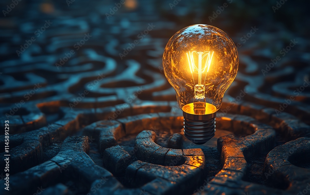 Poster a glowing lightbulb surrounded by a labyrinth, representing the discovery of ideas and solutions, cr