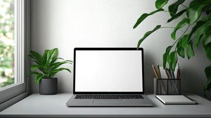 Fototapeta premium Laptop with blank screen on desk near window, plants, and stationery.