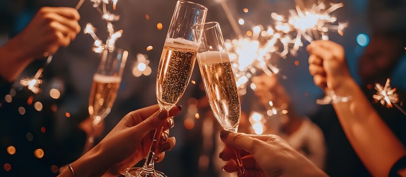 Clinking glasses of champagne in hands at New Year party