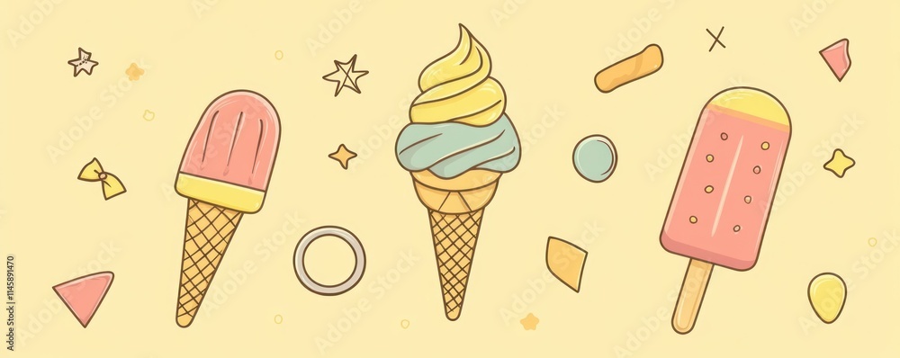 Poster Three ice cream desserts on a yellow background with some shapes.