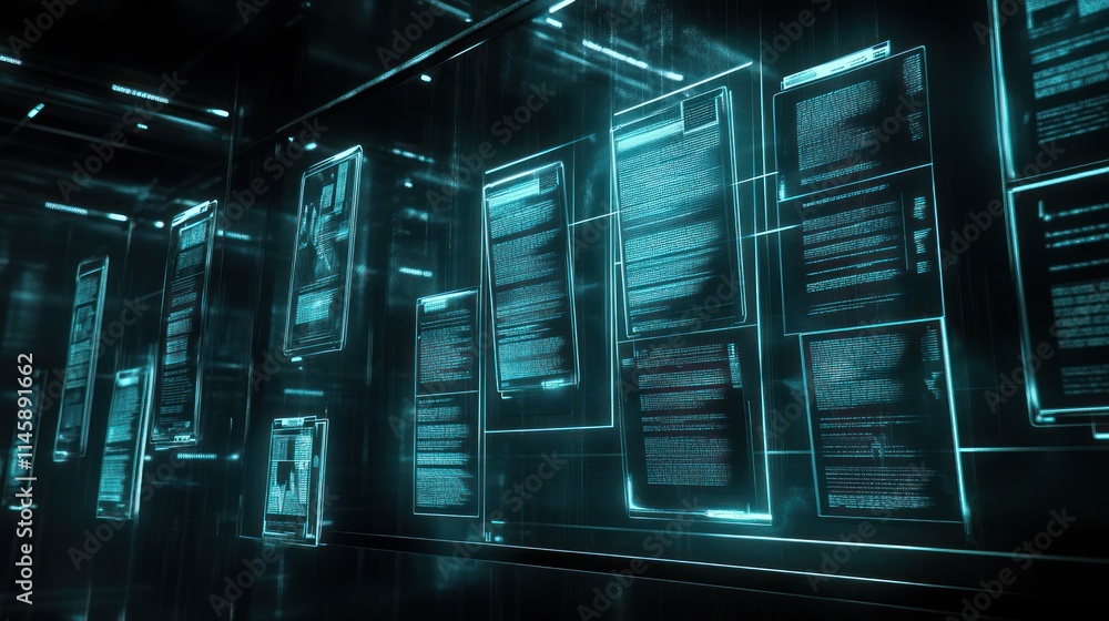 Aufkleber digital screens display codes on a dark, futuristic background.