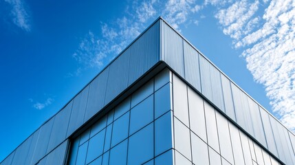 Factory industry, Architecture Building with Aluminium Facade on Blue Sky Background, Backdrop Wall Metal Corrugated Steel Surface Pattern, Warehouse Construction in Geometric Modern Design