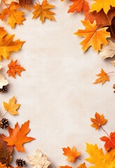 Autumnal Frame of Maple Leaves and Pinecones