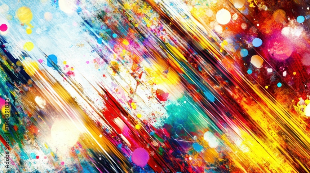 Poster abstract vibrant paint strokes with colorful bokeh.