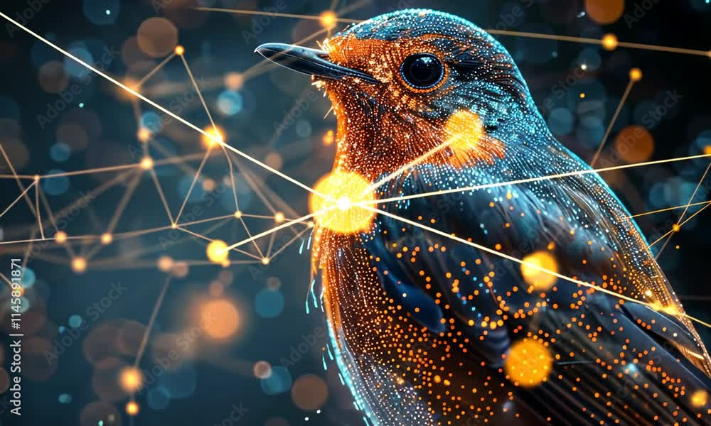 Poster abstract digital art of a bird with glowing particles and connection lines.