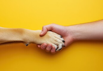 A dog and human hand shake against a yellow background