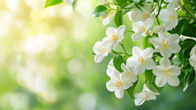 Spring Jasmine Flowers with Lush Green Foliage in Soft Focus