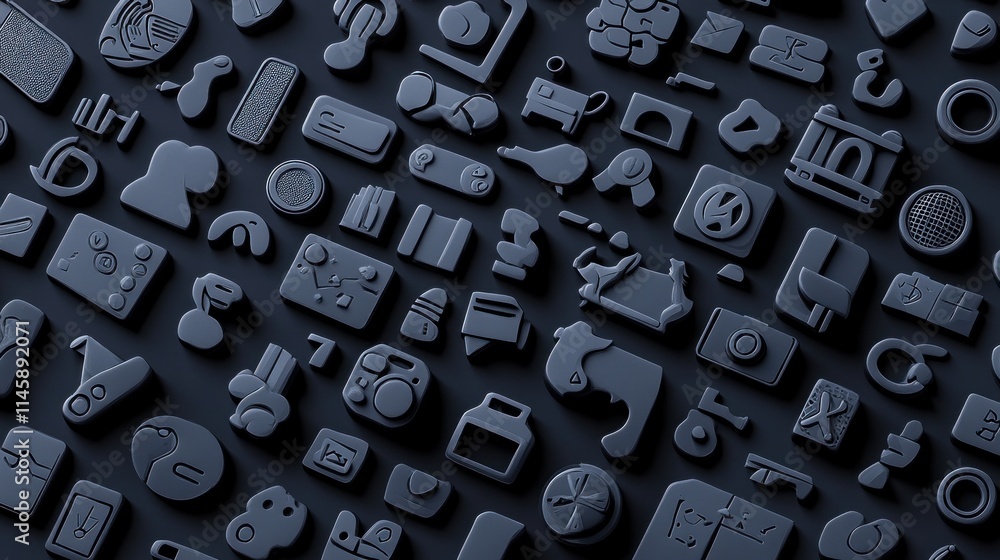 Poster Various shapes and objects on a dark surface.