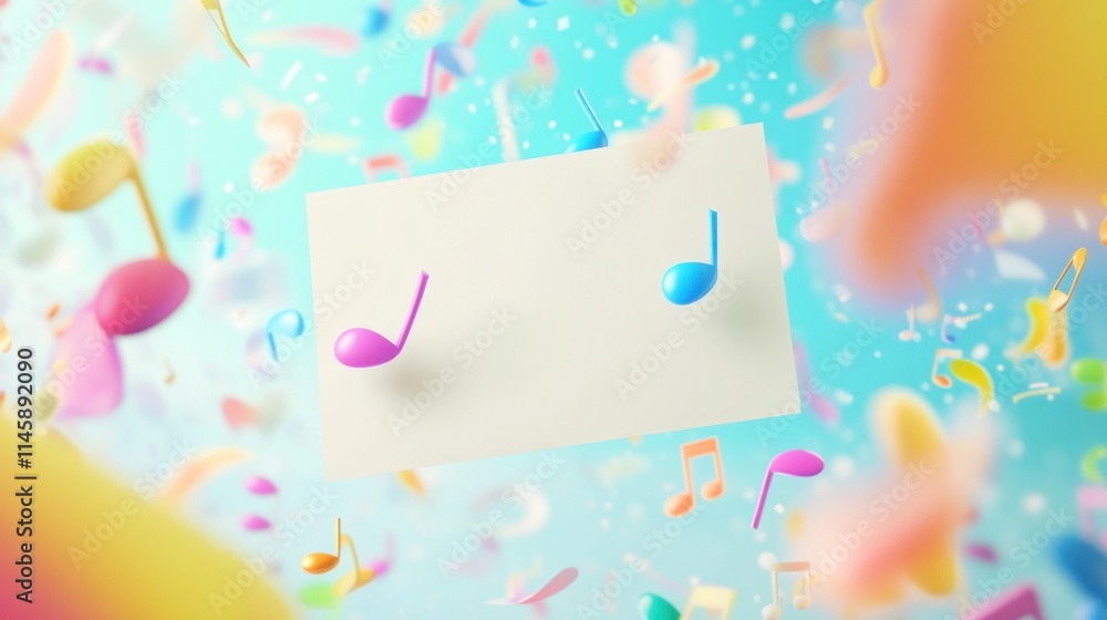 Aufkleber music notes float around a blank card.