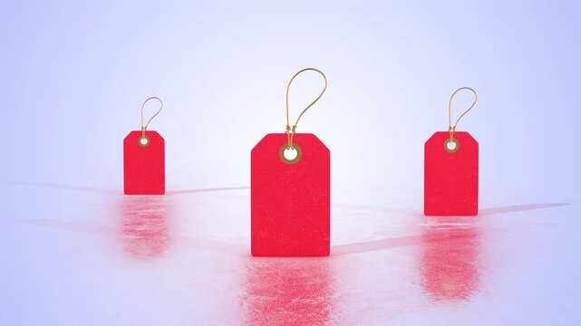 3D Red Label Tags on a Light Reflective Floor. Price Tags 3D Animation. 4K