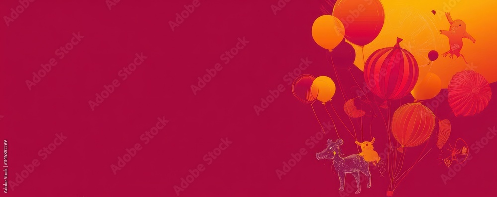 Poster floating balloons and animals art on red-orange gradient backdrop.