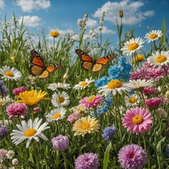 Create a vibrant and colorful spring vector background that showcases blooming flowers, lush green grass, and a clear blue sky. 