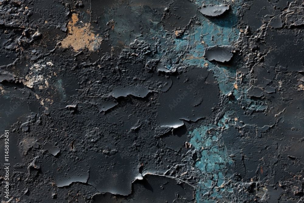 Poster seamless textured surface with peeling paint in various shades of black, blue, and rust. the surface