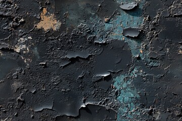 Seamless textured surface with peeling paint in various shades of black, blue, and rust. The surface shows signs of wear and age, creating an abstract pattern.
