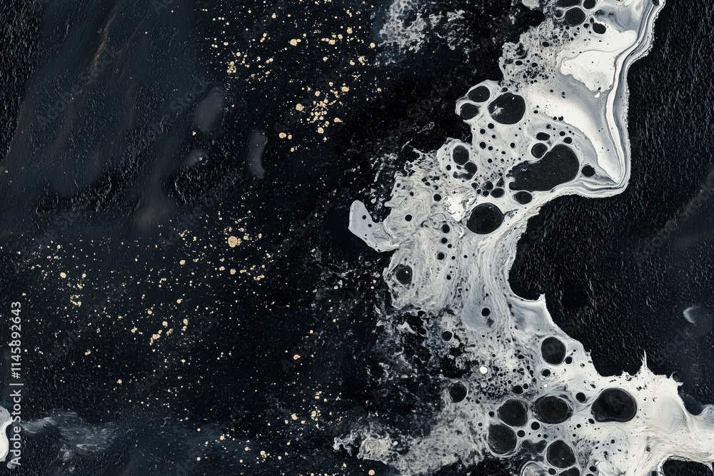 Poster seamless abstract image featuring a dark background with swirling white and gold patterns, resemblin