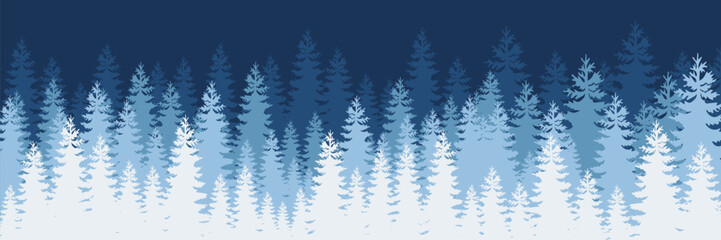 Fototapeta premium Christmas. Winter forest background. Pine, spruce, Christmas tree. Pine trees forest landscape. Silhouette pine tree panorama view.