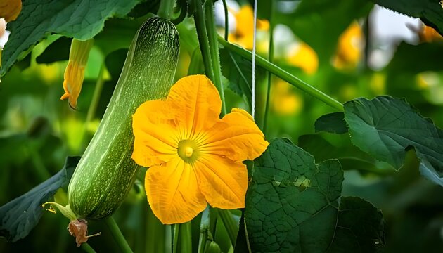 A green luffa gourd and yellow flower are visible on a vine.
