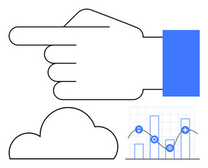 Hand pointing right with a blue sleeve, cloud icon below, bar and line graph with gear and shield icons in the bottom right. Ideal for business data, analytics, technology, cloud computing, security