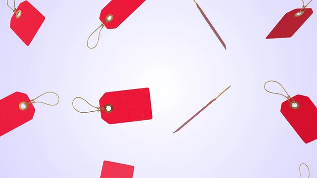 Red Label Tags Falling on a Light Background. Price Label Tag 3D Animation. 4K