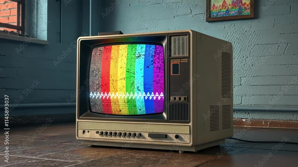 Poster a nostalgic crt display shows a wash of digital distortion where luminous pixels clash and merge for