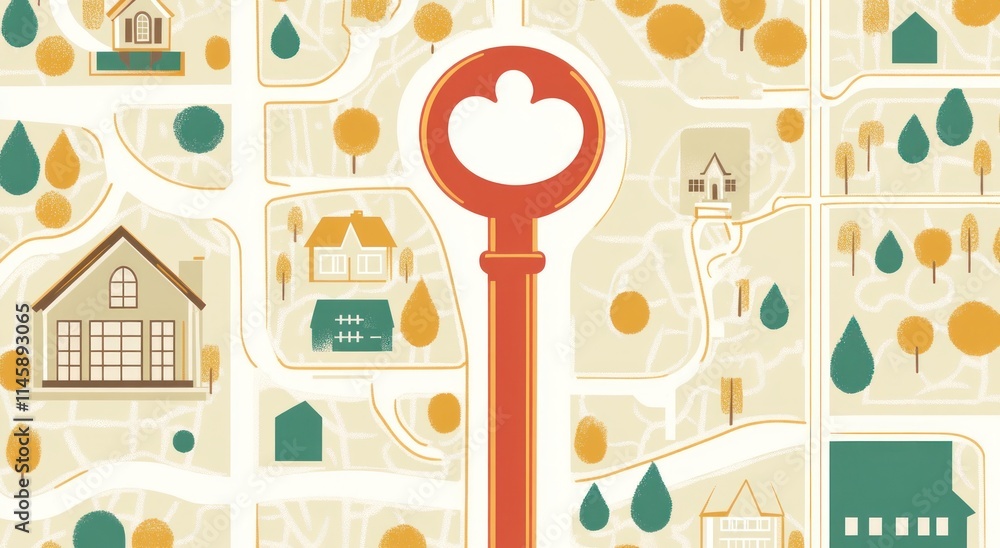 Poster Key over map with houses and trees.