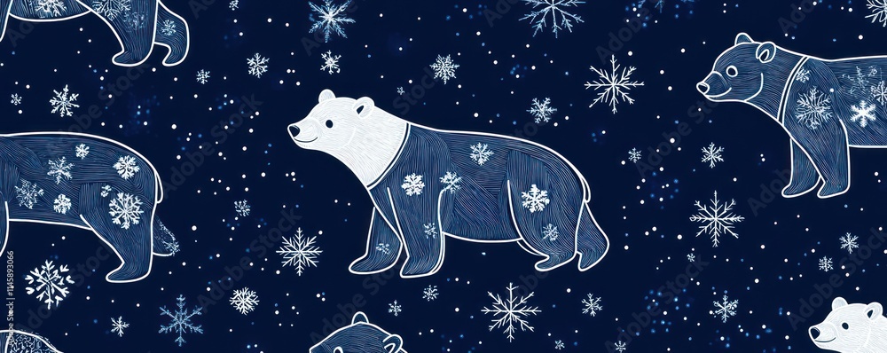 Poster Dark blue background with repeated white bear and snowflake patterns.