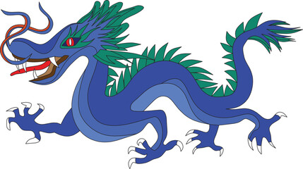 A stylized, vibrant blue dragon, with detailed scales and spiky fins, is depicted against a plain white background