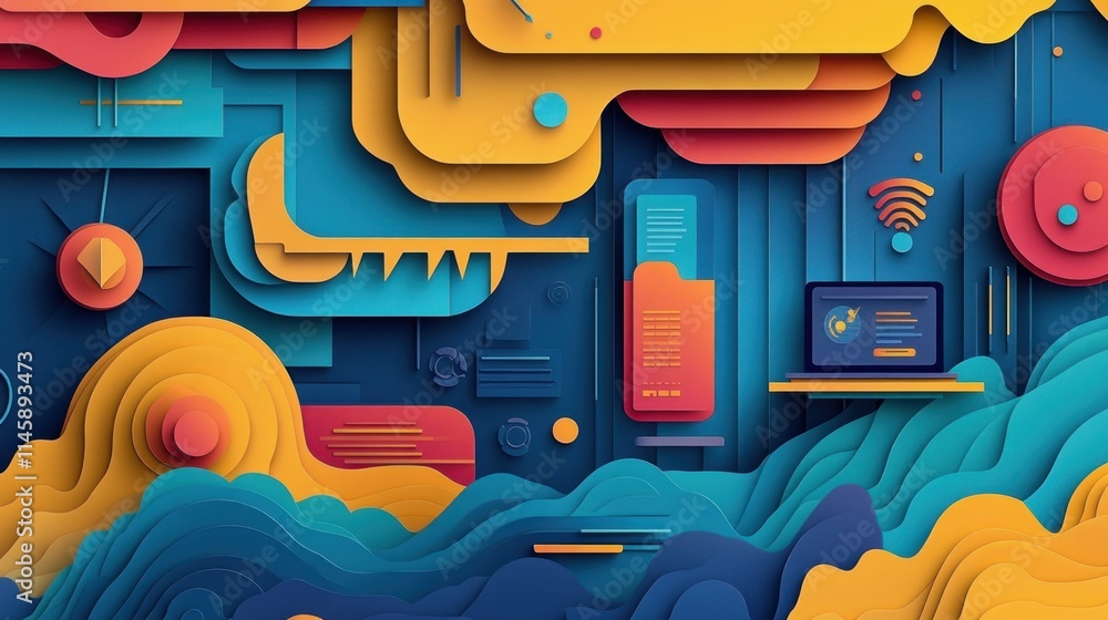 Poster Abstract layered shapes with computer, files, and wifi.