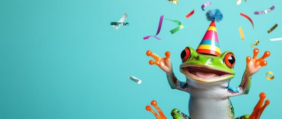 Frog wearing party hat with confetti. (1)