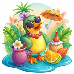 Cheerful Cartoon Duck on Tropical Vacation with Sunglasses and Drink