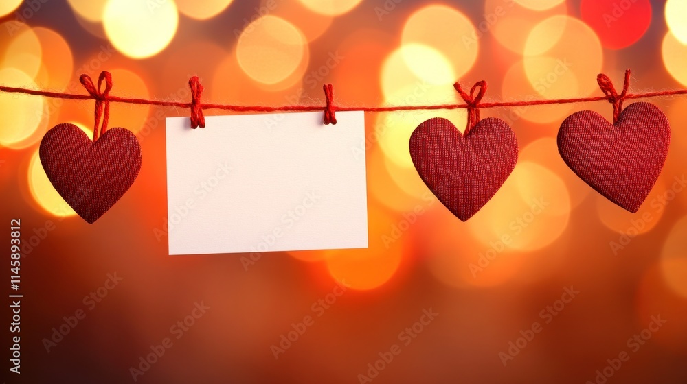 Poster three hearts, card hung on string against bokeh lights.