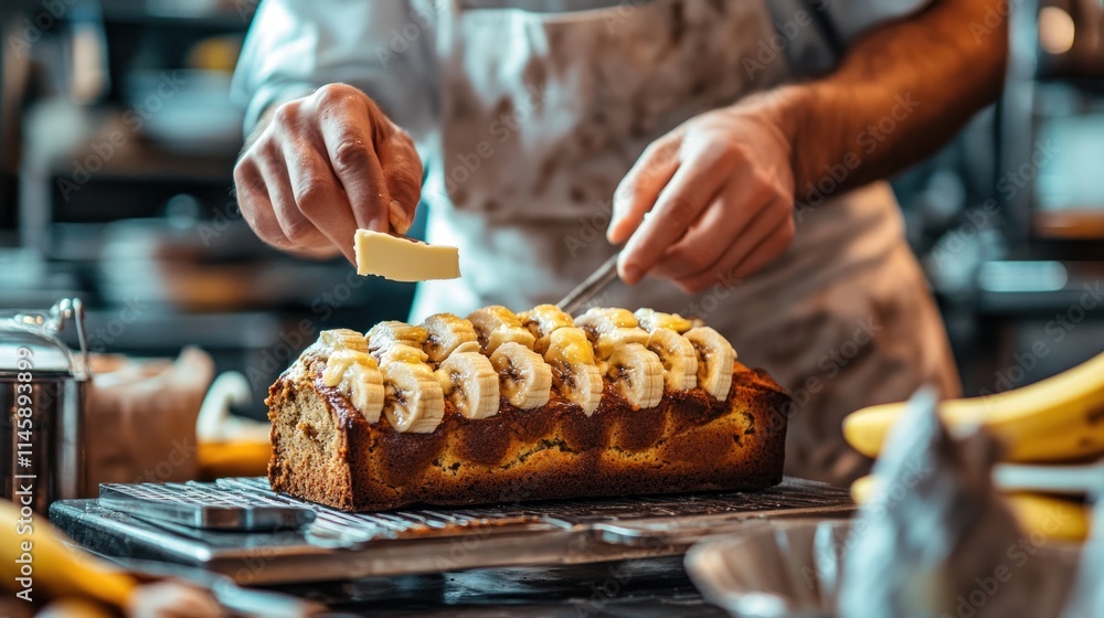Aufkleber chef adding butter to banana bread.